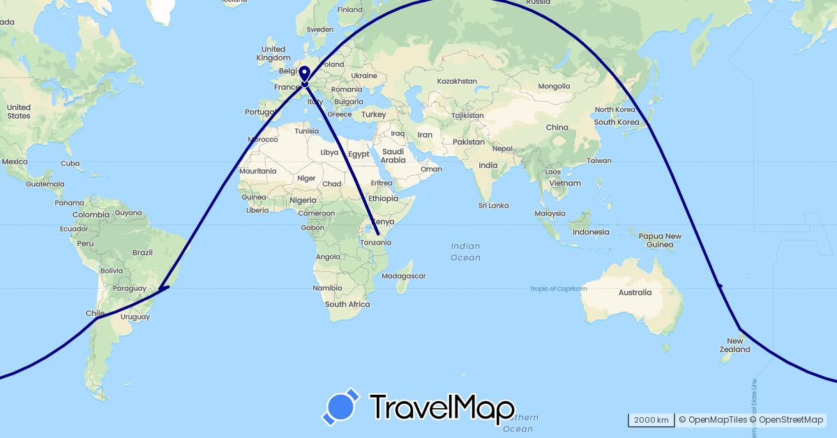TravelMap itinerary: driving in Brazil, Switzerland, Chile, France, Japan, New Zealand, Tanzania (Africa, Asia, Europe, Oceania, South America)